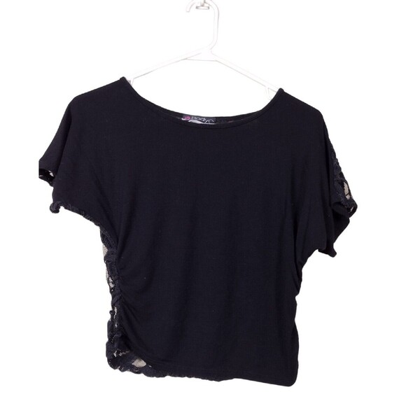 BodyC Junior Girls Size Small Top Black Lace Sheer Cropped Short Sleeve Stretch - Picture 1 of 5